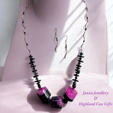 Load image into Gallery viewer, AGATE FUSCHIA BARRELS NECKLACE with Silver Twists & EARRINGS
