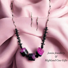 Load image into Gallery viewer, AGATE FUSCHIA BARRELS NECKLACE with Silver Twists & EARRINGS