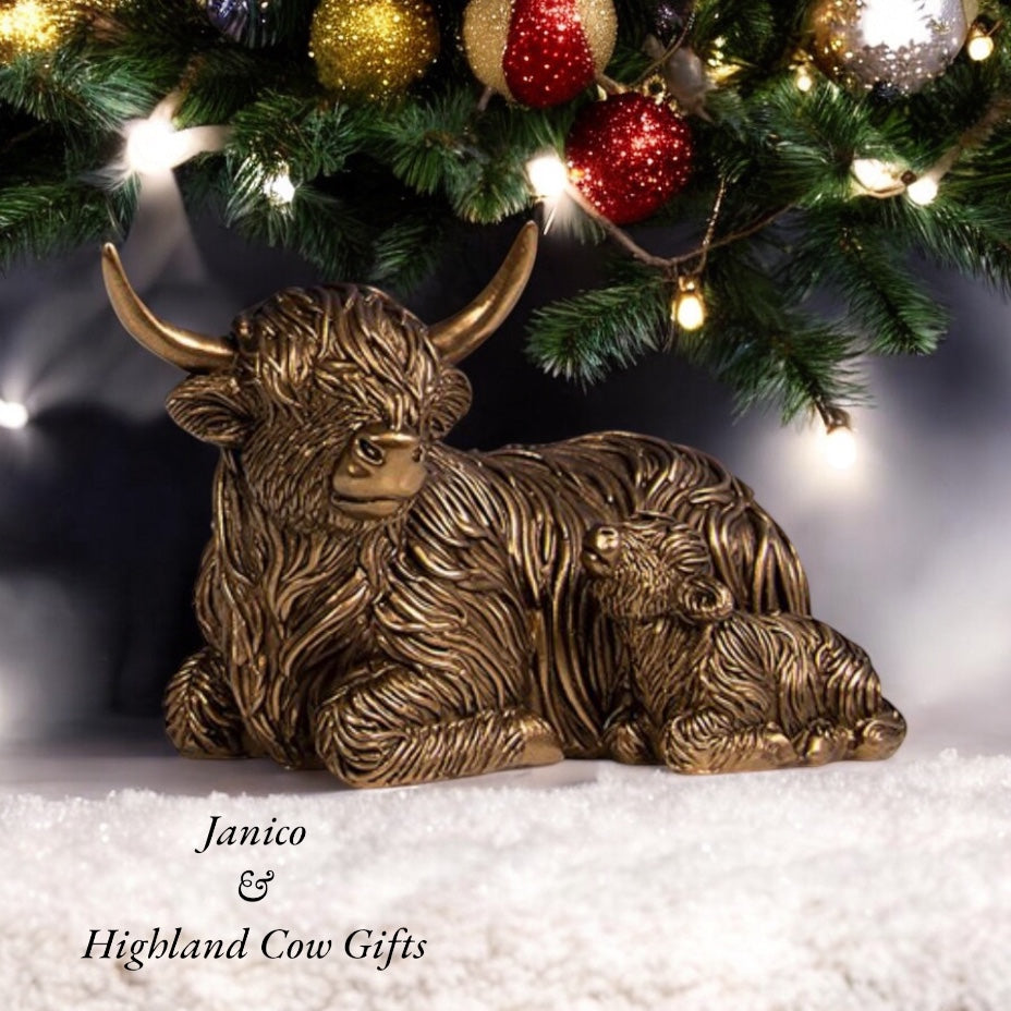BRONZE LYING DOWN HIGHLAND COW & CALF