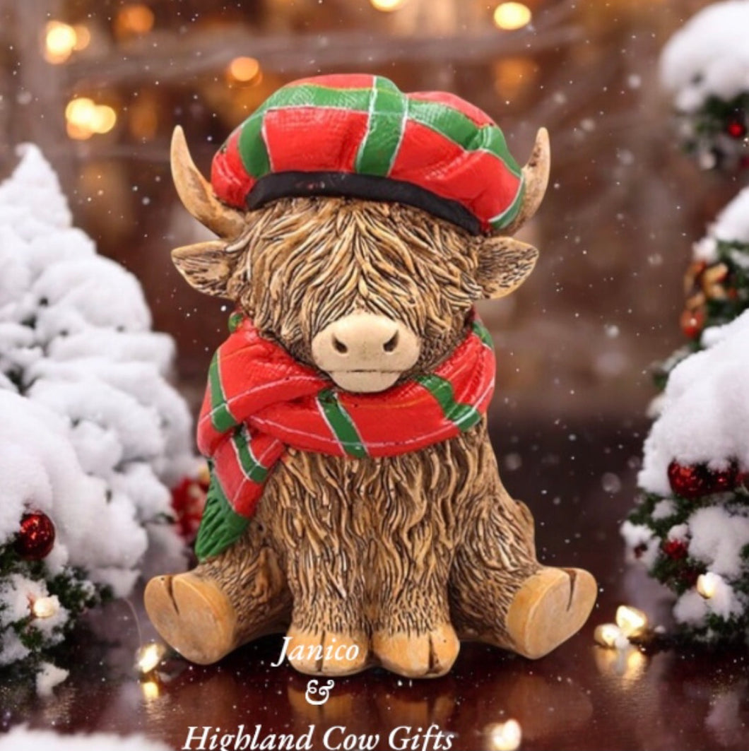 HAPPY HIGHLAND COW with TARTAN SCARF & CAP