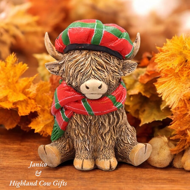 HAPPY HIGHLAND COW with TARTAN SCARF & CAP