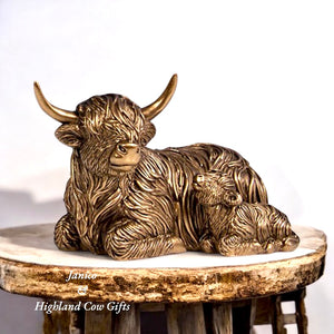 BRONZE LYING DOWN HIGHLAND COW & CALF