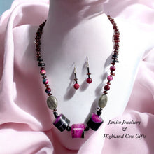 Load image into Gallery viewer, AGATE FUSCHIA BARRELS NECKLACE with LABRADORITE &amp; EARRINGS
