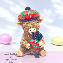 Load image into Gallery viewer, HAPPY HIGHLAND COW with TARTAN SCARF &amp; BAGPIPES
