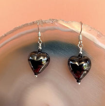Load and play video in Gallery viewer, SILVER &amp; BLACK LAMPWORK HEART EARRINGS
