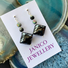 Load image into Gallery viewer, JET &amp; SILVER LAMPWORK EARRINGS
